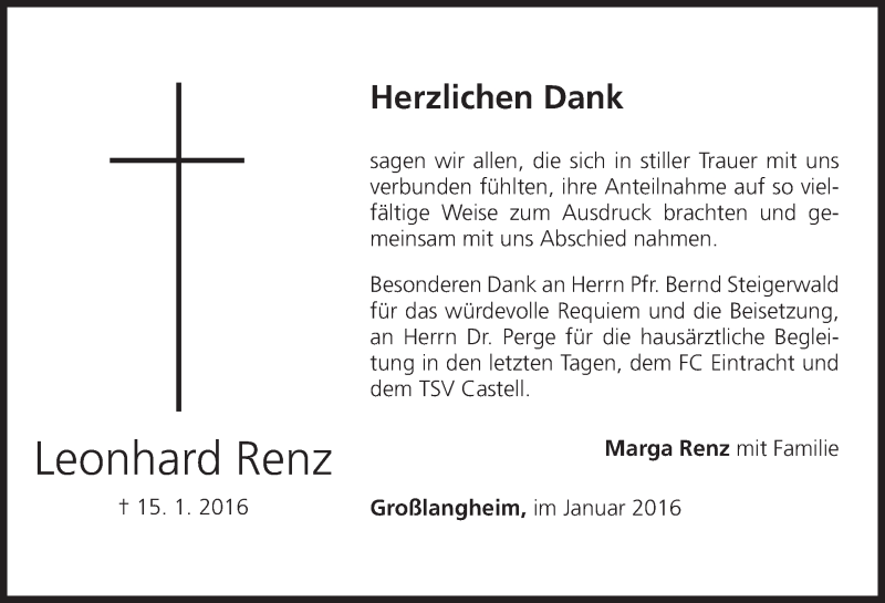  Traueranzeige für Leonhard Renz vom 30.01.2016 aus MGO