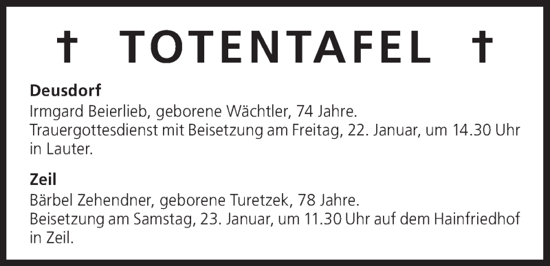  Traueranzeige für Totentafel vom 22.01.2016 vom 22.01.2016 aus MGO