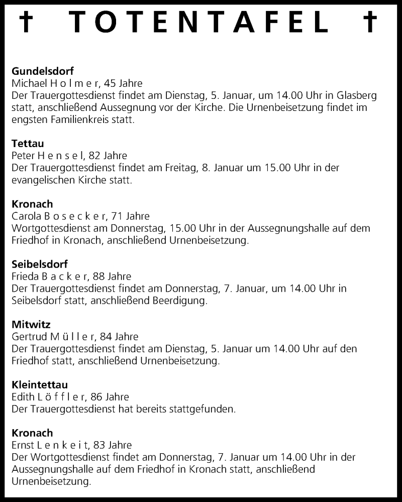  Traueranzeige für Totentafel vom 05.01.2016 vom 05.01.2016 aus MGO