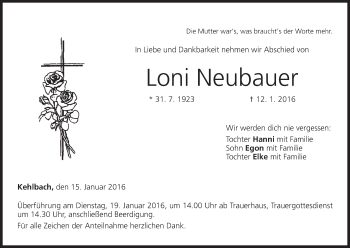 Anzeige von Loni Neubauer von MGO