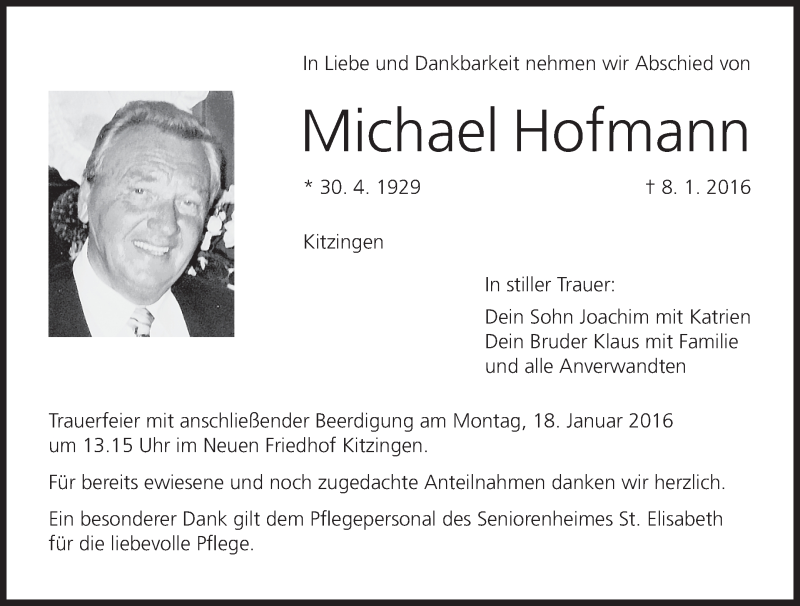  Traueranzeige für Michael Hofmann vom 14.01.2016 aus MGO