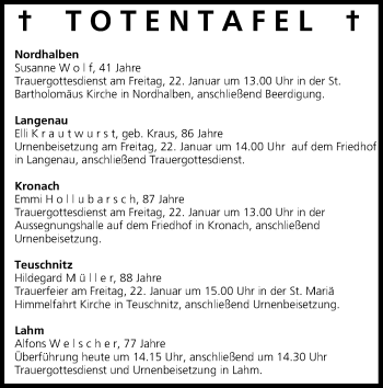 Anzeige von Totentafel vom 21.01.2016 von MGO