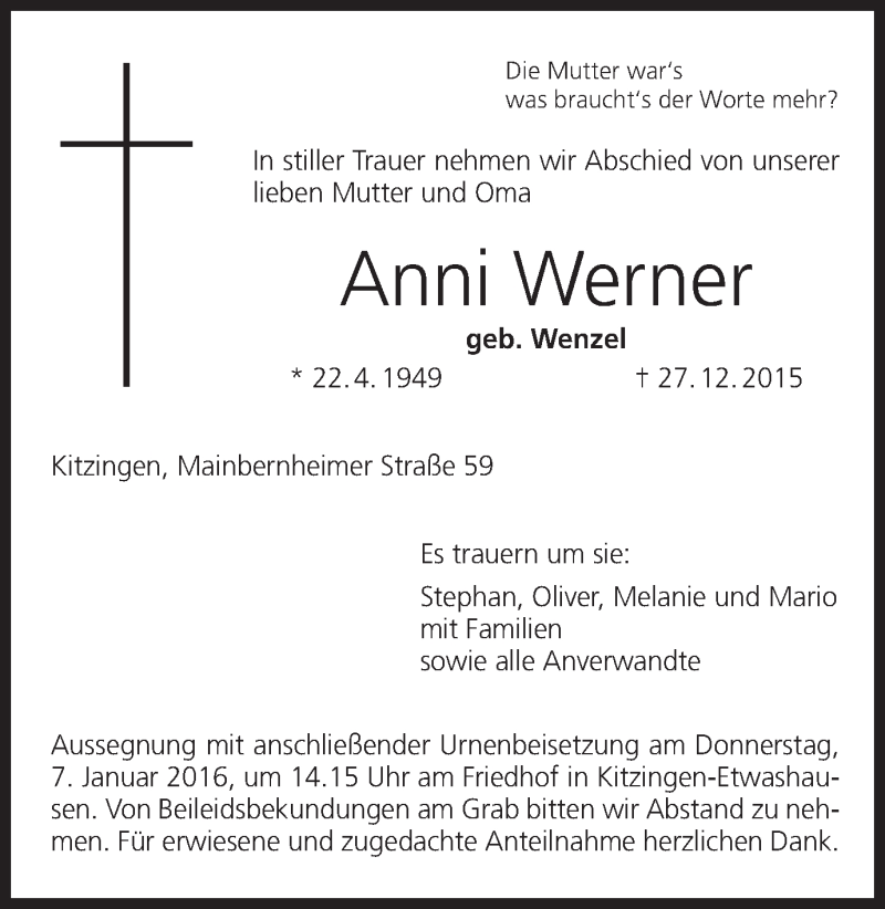  Traueranzeige für Anni Werner vom 05.01.2016 aus MGO