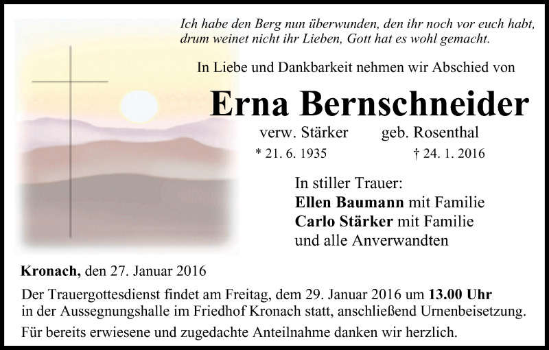  Traueranzeige für Erna Bernschneider vom 27.01.2016 aus MGO