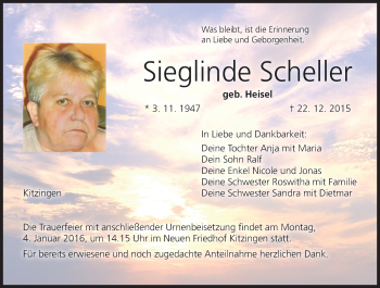 Anzeige von Sieglinde Scheller von MGO