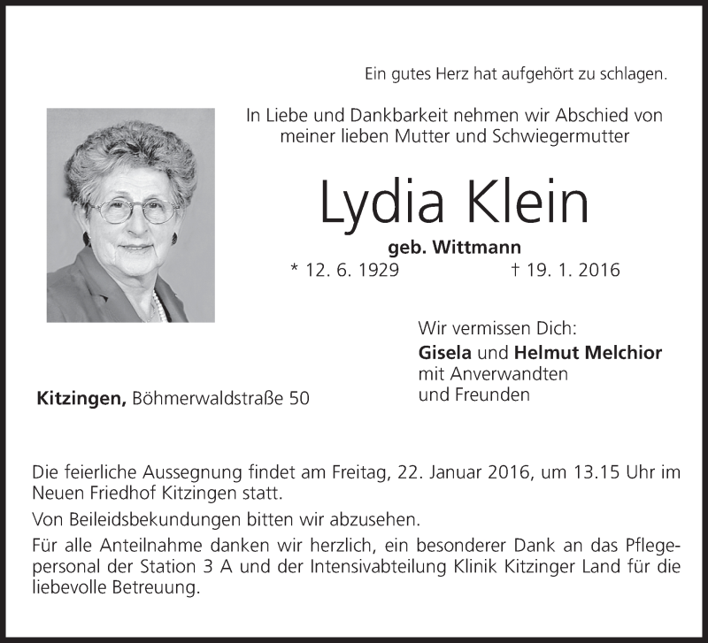  Traueranzeige für Lydia Klein vom 21.01.2016 aus MGO