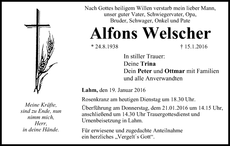  Traueranzeige für Alfons Welscher vom 19.01.2016 aus MGO
