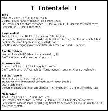 Anzeige von Totentafel vom 12.01.2016 von MGO