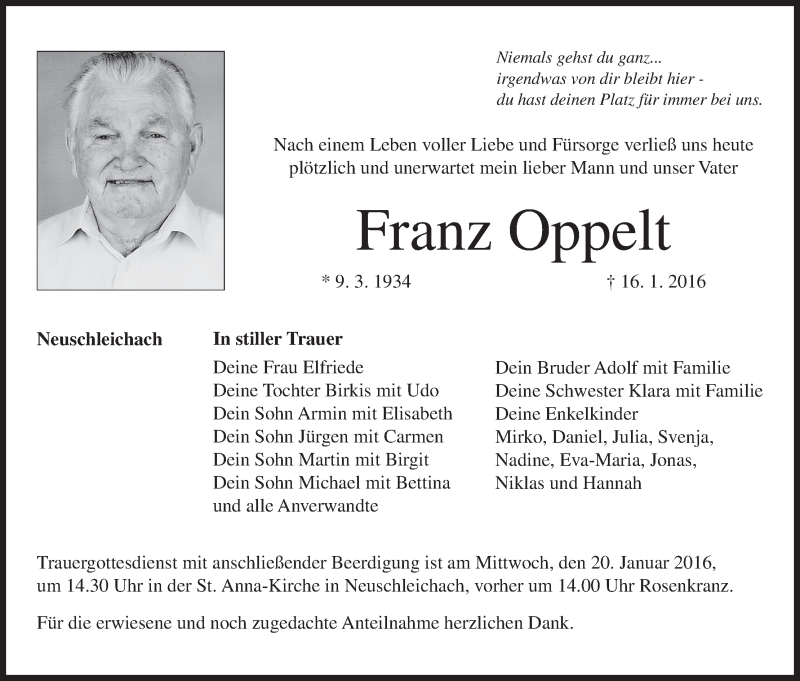  Traueranzeige für Franz Oppelt vom 20.01.2016 aus MGO