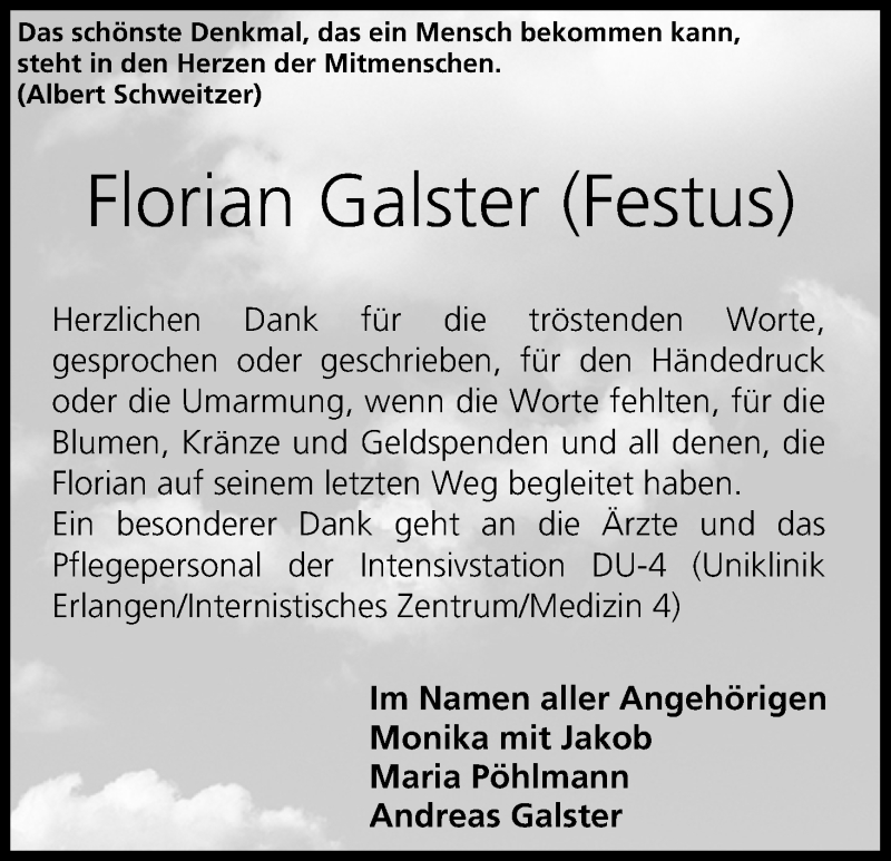 Traueranzeige für Florian Galster vom 13.01.2016 aus MGO