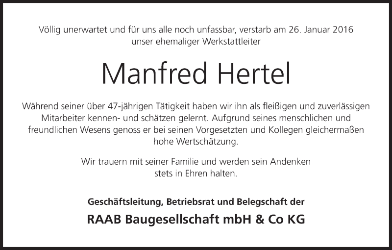  Traueranzeige für Manfred Hertel vom 28.01.2016 aus MGO