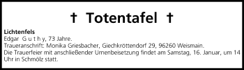 Anzeige von Totentafel vom 15.01.2016 von MGO