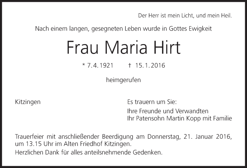  Traueranzeige für Maria Hirt vom 19.01.2016 aus MGO