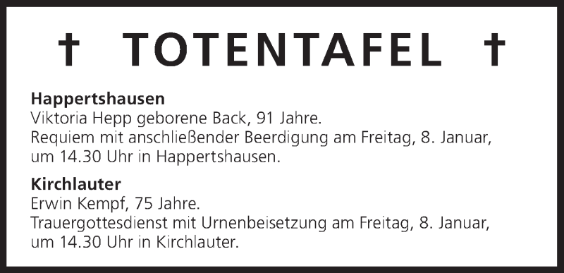  Traueranzeige für Totentafel vom 08.01.2016 vom 08.01.2016 aus MGO