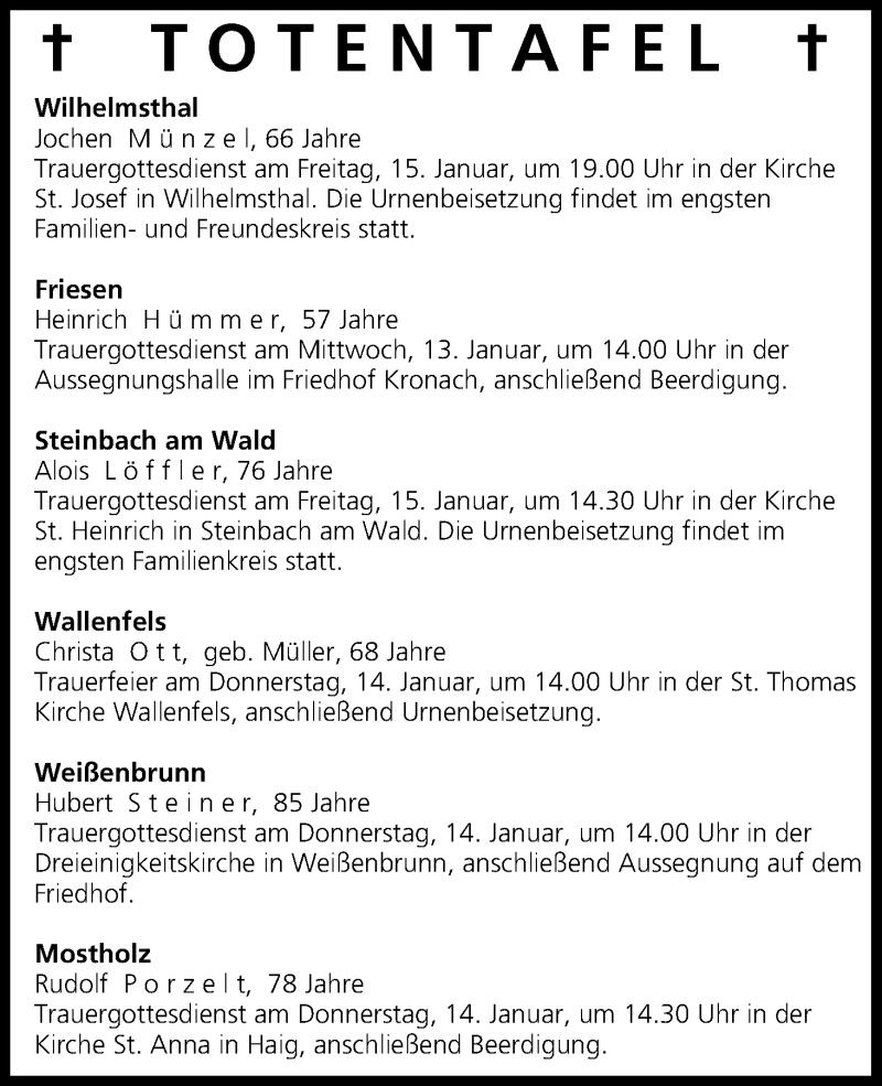  Traueranzeige für Totentafel vom 13.01.2016 vom 13.01.2016 aus MGO