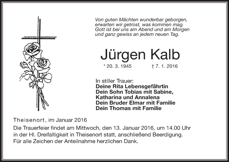  Traueranzeige für Jürgen Kalb vom 11.01.2016 aus MGO