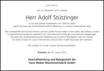Anzeige von Adolf Stützinger von MGO