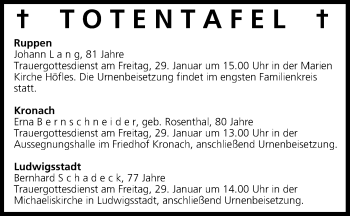 Anzeige von Totentafel vom 28.01.2016 von MGO