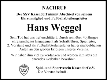 Anzeige von Hans Weggel von MGO