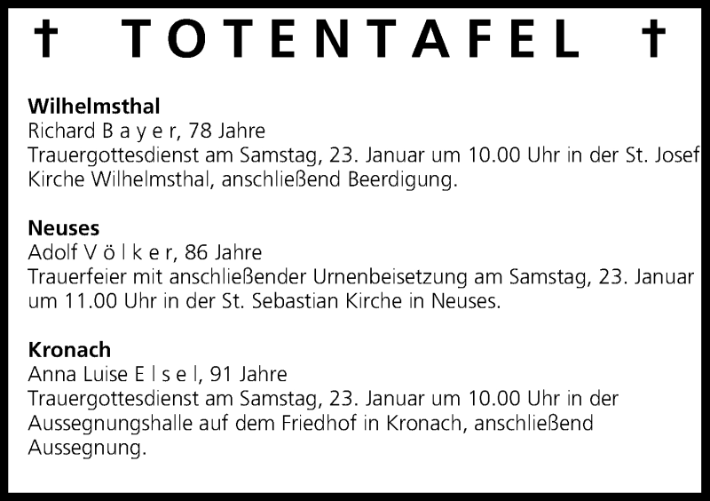  Traueranzeige für Totentafel vom 22.01.2016 vom 22.01.2016 aus MGO