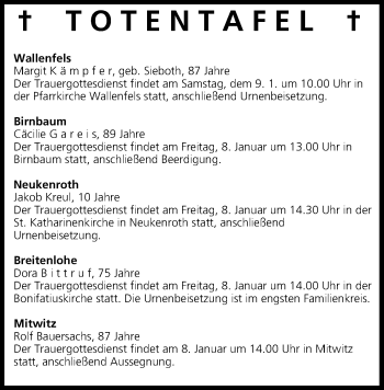 Anzeige von Totentafel vom 08.01.2016 von MGO