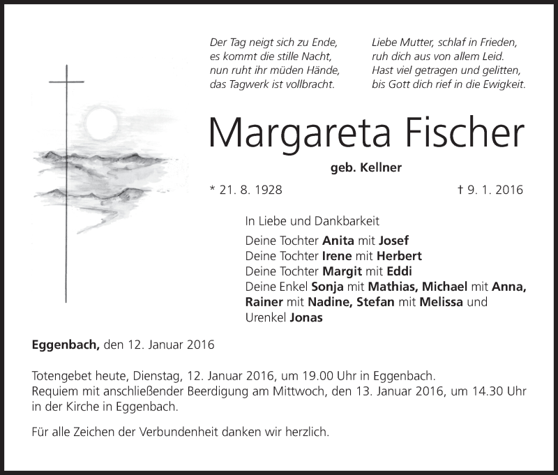  Traueranzeige für Margareta Fischer vom 12.01.2016 aus MGO