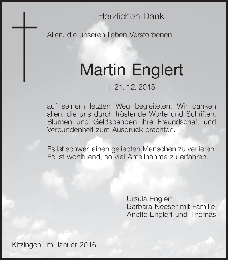  Traueranzeige für Martin Englert vom 20.01.2016 aus MGO