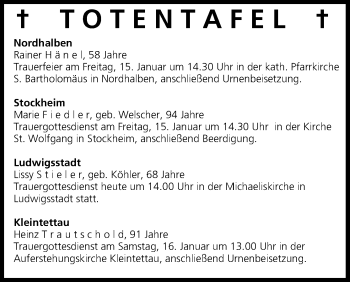 Anzeige von Totentafel vom 14.01.2016 von MGO