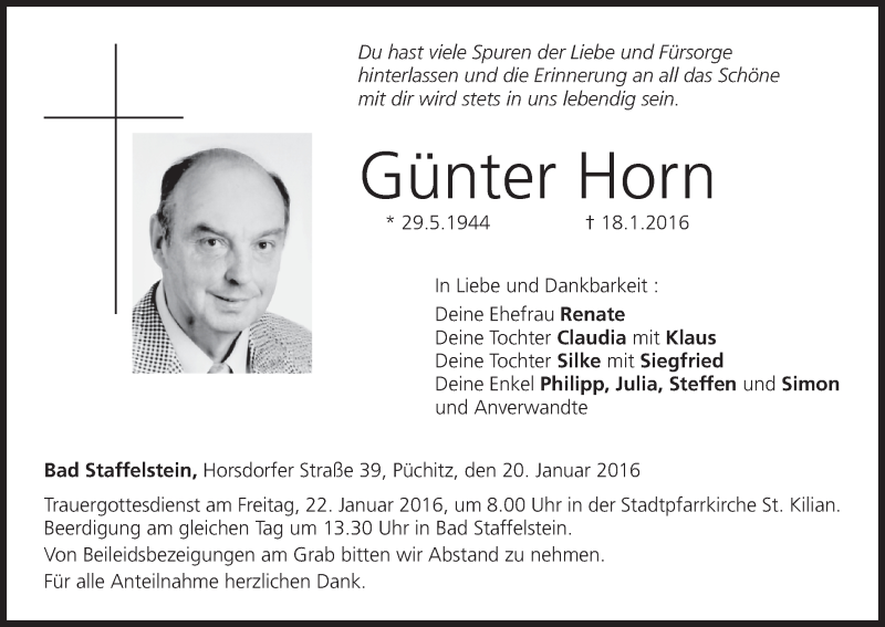 Traueranzeige für Günter Horn vom 20.01.2016 aus MGO