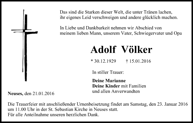  Traueranzeige für Adolf Völker vom 21.01.2016 aus MGO