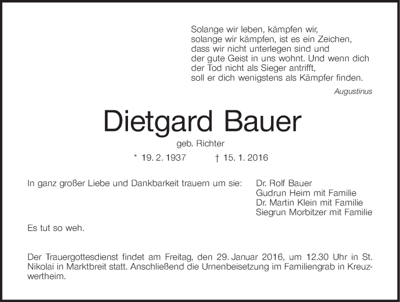  Traueranzeige für Dietgard Bauer vom 18.01.2016 aus MGO