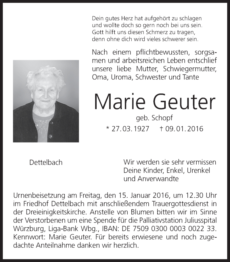  Traueranzeige für Marie Geuter vom 13.01.2016 aus MGO
