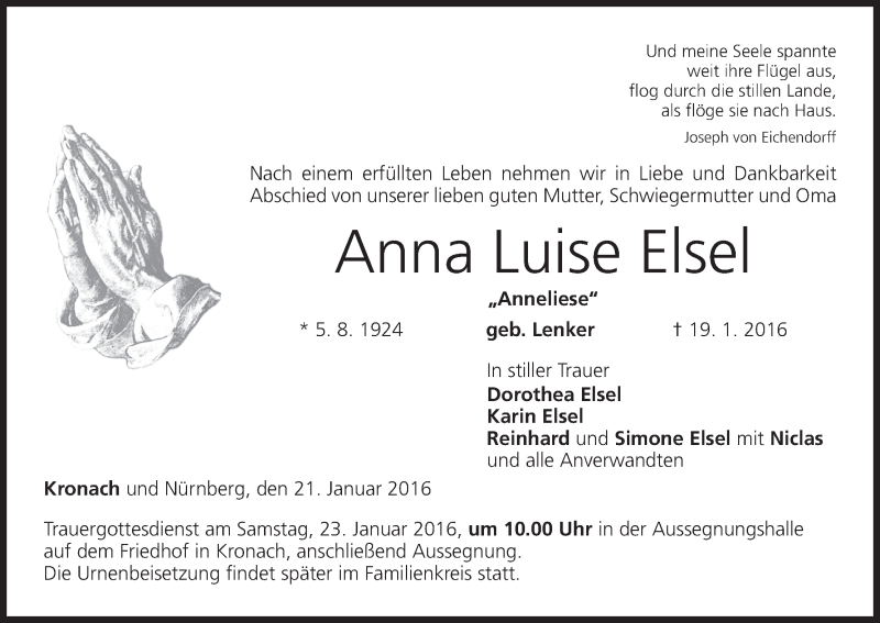  Traueranzeige für Anna Luise Elsel vom 21.01.2016 aus MGO