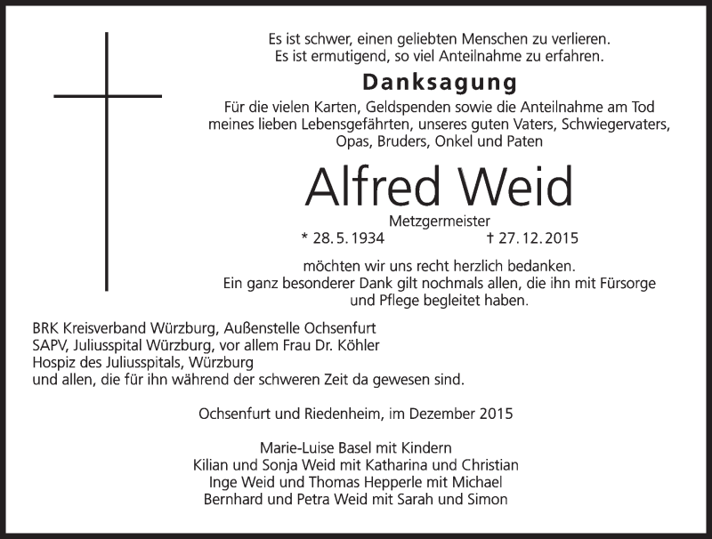  Traueranzeige für Alfred Weid vom 16.01.2016 aus MGO