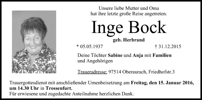  Traueranzeige für Inge Bock vom 09.01.2016 aus MGO
