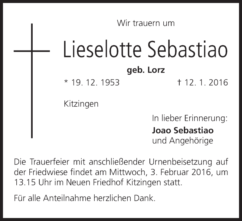  Traueranzeige für Lieselotte Sebastiao vom 30.01.2016 aus MGO