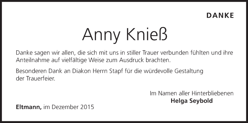  Traueranzeige für Anny Knieß vom 04.01.2016 aus MGO