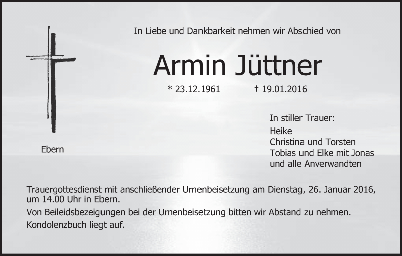  Traueranzeige für Armin Jüttner vom 23.01.2016 aus MGO