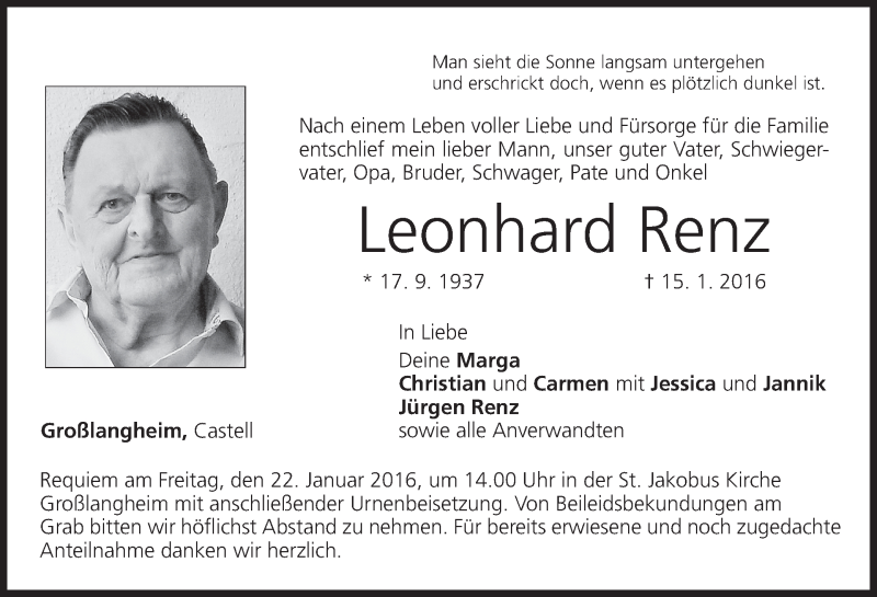  Traueranzeige für Leonhard Renz vom 18.01.2016 aus MGO