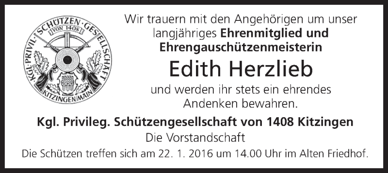  Traueranzeige für Edith Herzlieb vom 20.01.2016 aus MGO