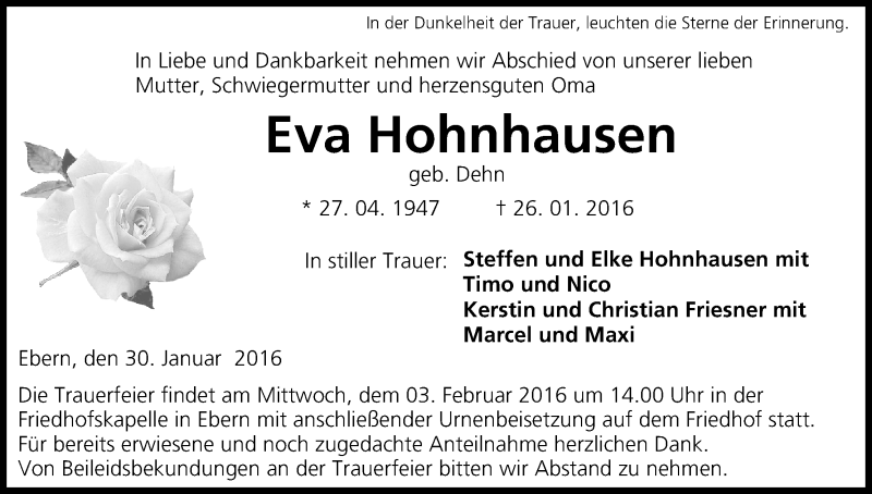  Traueranzeige für Eva Hohnhausen vom 30.01.2016 aus MGO