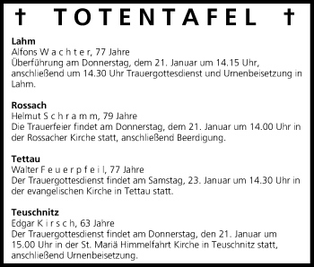 Anzeige von Totentafel vom 20.01.2016 von MGO