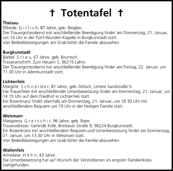 Anzeige von Totentafel vom 20.01.2016 von MGO