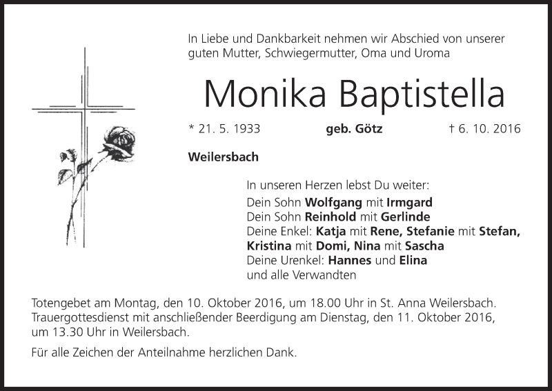  Traueranzeige für Monika Baptistella vom 08.10.2016 aus MGO