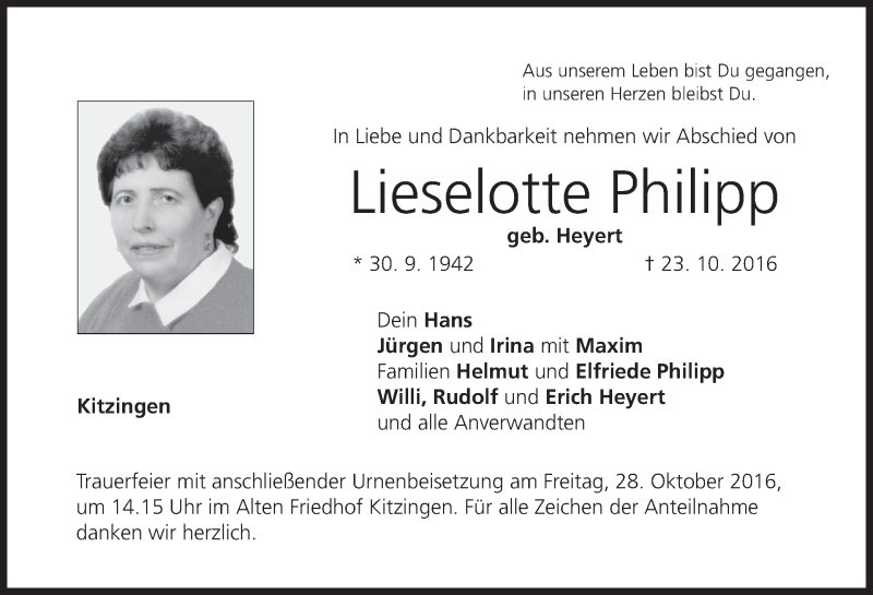  Traueranzeige für Lieselotte Philipp vom 26.10.2016 aus MGO