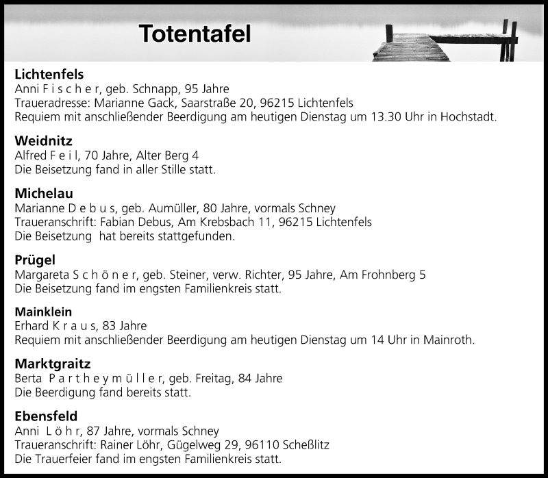  Traueranzeige für Totentafel vom 25.10.2016 vom 25.10.2016 aus MGO