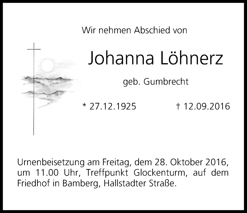  Traueranzeige für Johanna Löhnerz vom 22.10.2016 aus MGO