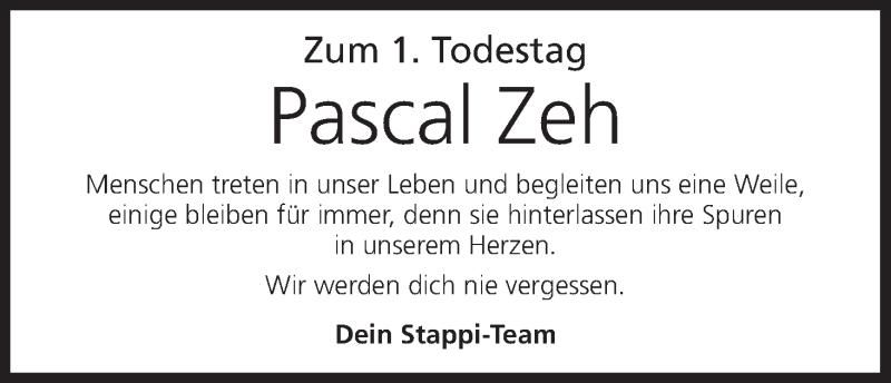  Traueranzeige für Pascal Zeh vom 26.10.2016 aus MGO