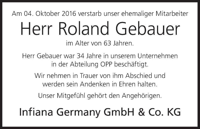  Traueranzeige für Roland Gebauer vom 12.10.2016 aus MGO