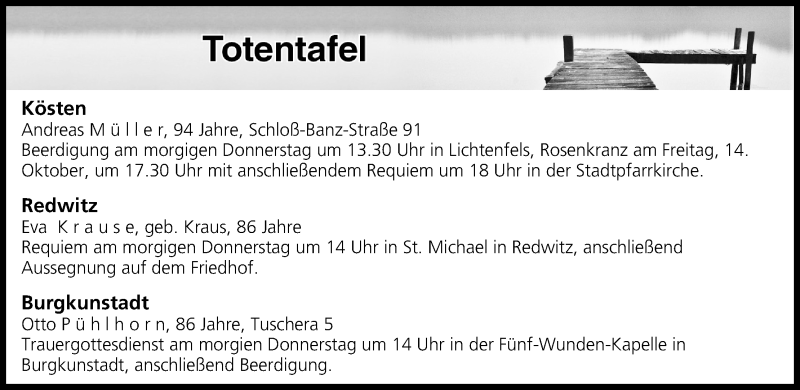 Traueranzeige für Totentafel vom 12.10.2016 vom 12.10.2016 aus MGO